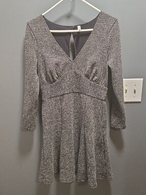 Free People Gray Long-Sleeve V-Neck Knit Fit-and-Flare Dress